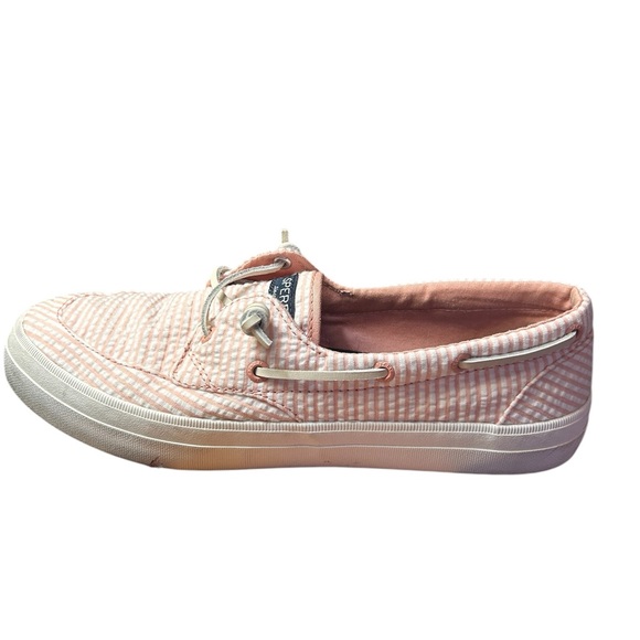 Sperry Women’s Top Sider 9.5 Medium Slip Ons, leather laces Pink Striped,casual - Picture 3 of 6